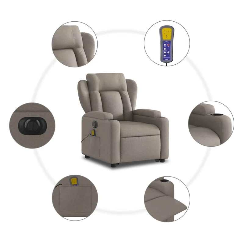Fauteuil de relaxation fonction massage et inclinable fonction de levage électrique en tissu taupe DEC027865