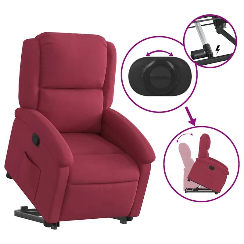 Fauteuil relax TV rembourrage confortable fonction de levage électrique en tissu velours bordeaux DEC028165