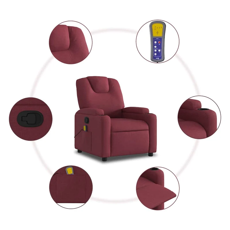 Fauteuil de relaxation TV fonction d'inclinaison manuelle et massage en tissu rouge bordeaux DEC027095