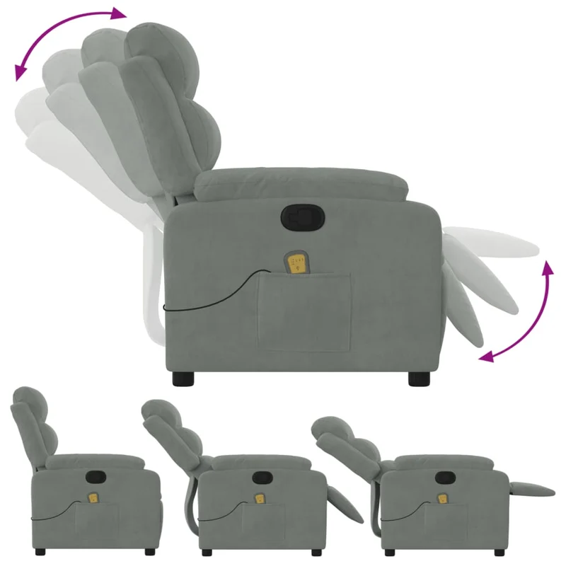 Fauteuil de relaxation TV fonction d'inclinaison manuelle 6 points de massage en velours gris clair DEC026933