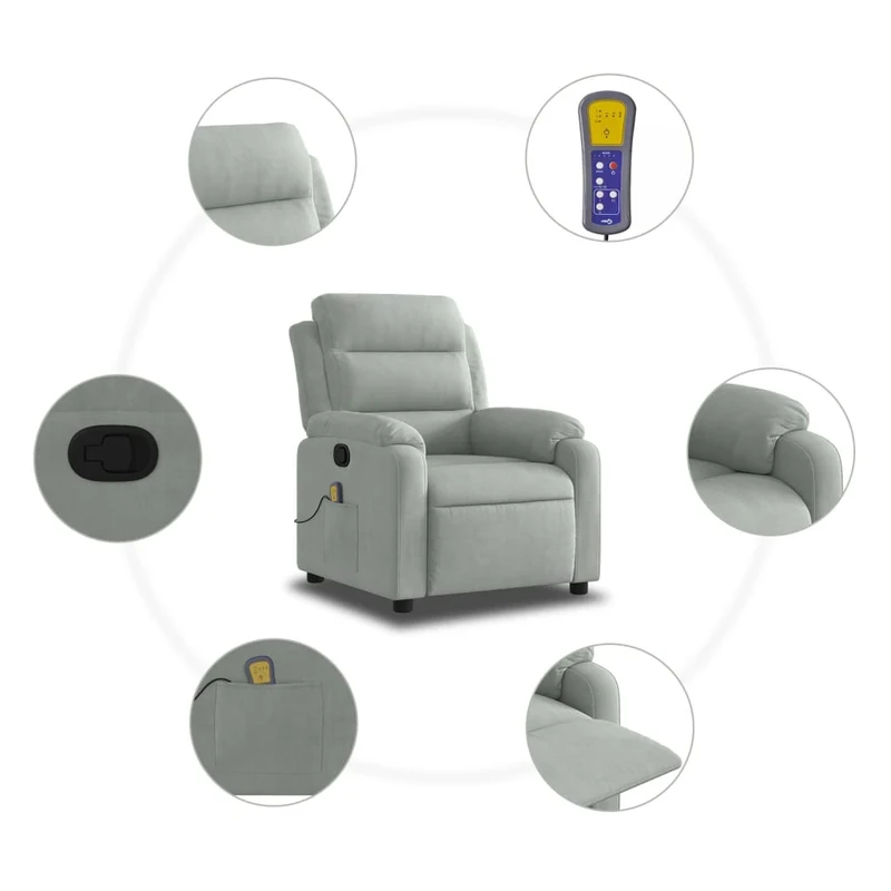Fauteuil de relaxation TV fonction d'inclinaison manuelle 6 points de massage en velours gris clair DEC026933