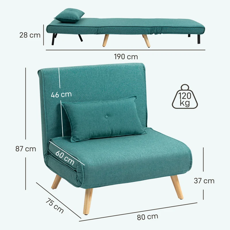 Fauteuil clic-clac 1 place lit 80 x 75 x 87 cm assise 21 cm dossier 5 positions compact style moderne en polyester vert 21_0003504