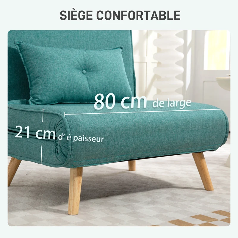 Fauteuil clic-clac 1 place lit 80 x 75 x 87 cm assise 21 cm dossier 5 positions compact style moderne en polyester vert 21_0003504