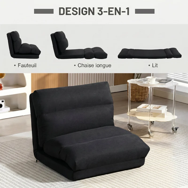 Fauteuil au sol convertible 70 x 72 x 56 cm dos réglable 90° à 180° assise épaisse contemporain épuré en polyester noir 21_0003176