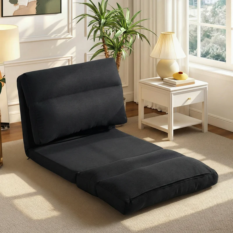 Fauteuil au sol convertible 70 x 72 x 56 cm dos réglable 90° à 180° assise épaisse contemporain épuré en polyester noir 21_0003176