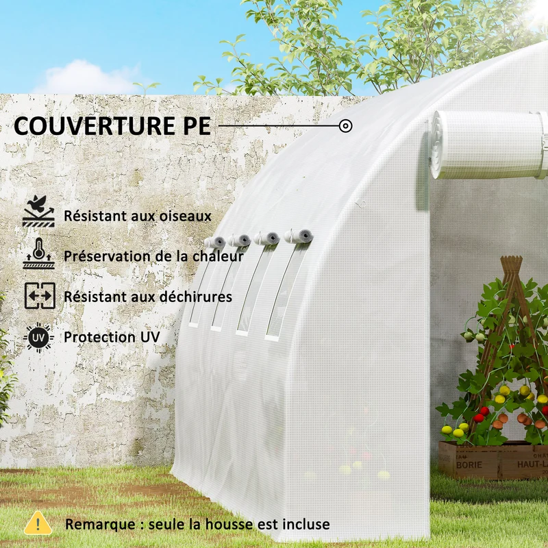 Bâche de rechange serre tunnel 4 x 3 x 2 m imperméable anti-uv porte zippée 8 fenêtres moderne en polyéthylène blanc 21_0004163