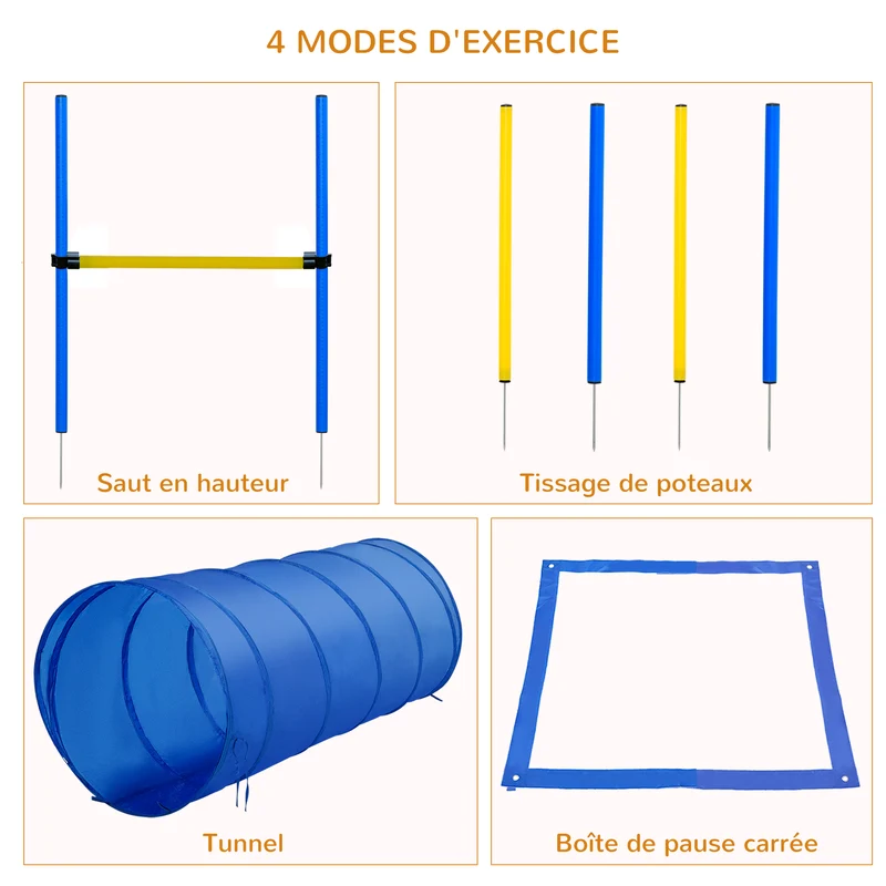 Kit d'agilité pour chiens parcours complet 148 x 60 x 60 cm hauteur réglable endurance scandinave extérieur en PP bleu 21_0007511