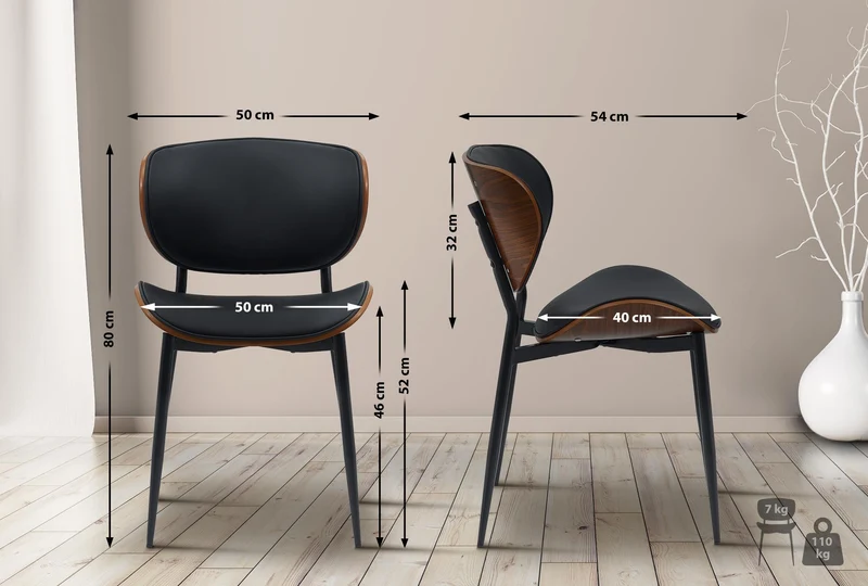 Lot de 2 chaises de salle à manger design en similicuir noir avec coque bois noyer structure métal robuste 10_0008685