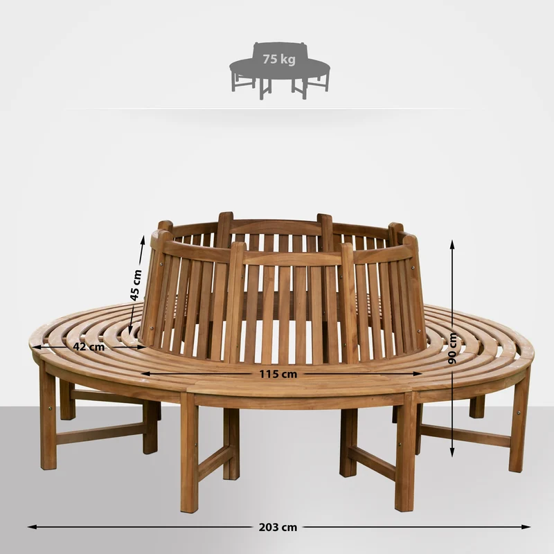 Banc d'arbre circulaire Ø 203 cm en teck massif avec dossier 360° 6 places 10_0008843