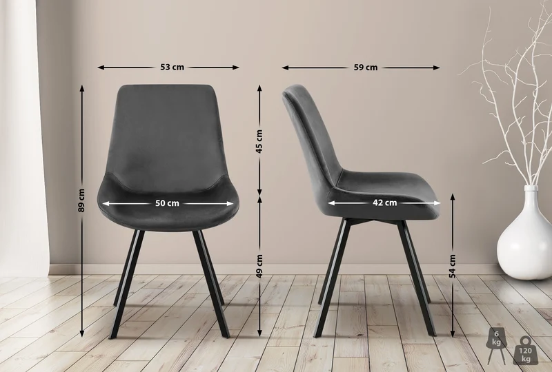 Lot de 2 chaises de salle à manger pivotant à 360 degrés en velours gris foncé cadre en métal noir 10_0007735