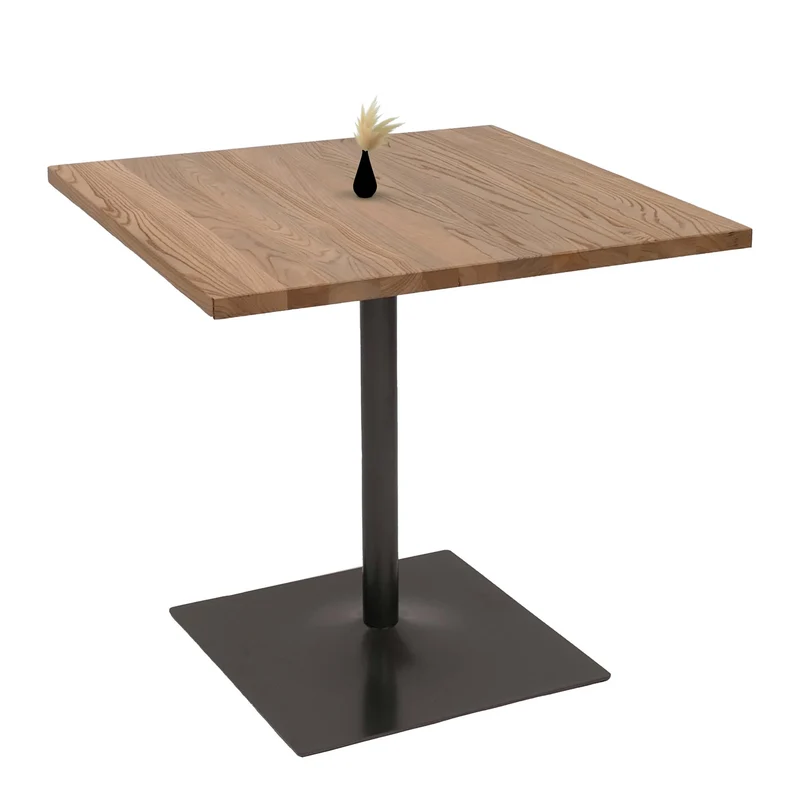 Table bistrot industrielle carrée 80x80 cm plateau en orme massif brun clair pied en acier 04_0009455