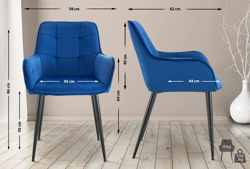 Lot de 2 chaises de salle à manger avec accoudoirs en velours bleu foncé capitonné cadre métal noir 10_0007396