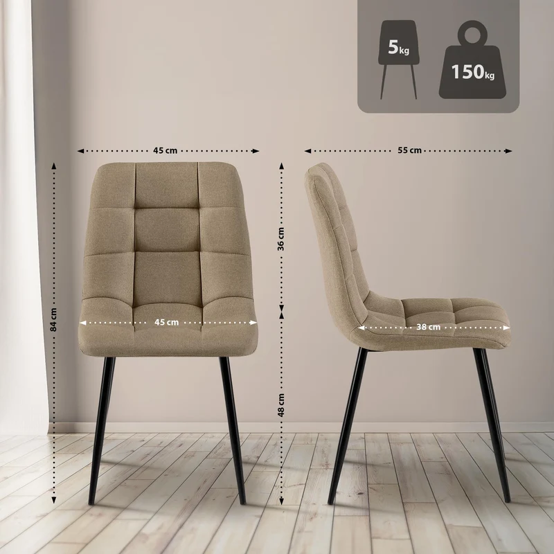 Chaise de salle à manger x1 avec coutures décoratives carrées en tissu taupe cadre métal 10_0007458