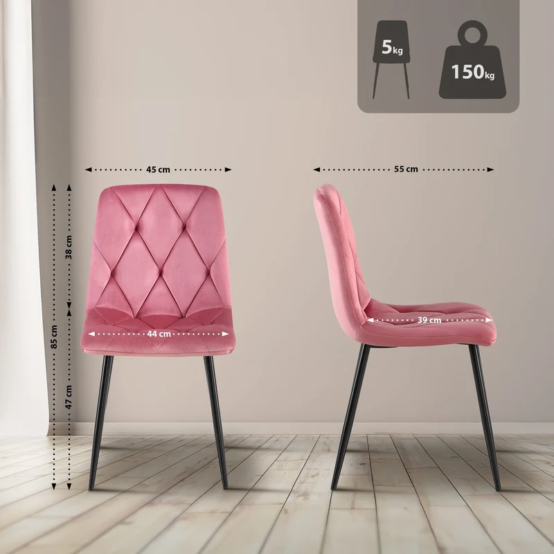Chaise de salle à manger x1 design moderne surpiqûres en losange velours rose et cadre métal noir 10_0007380