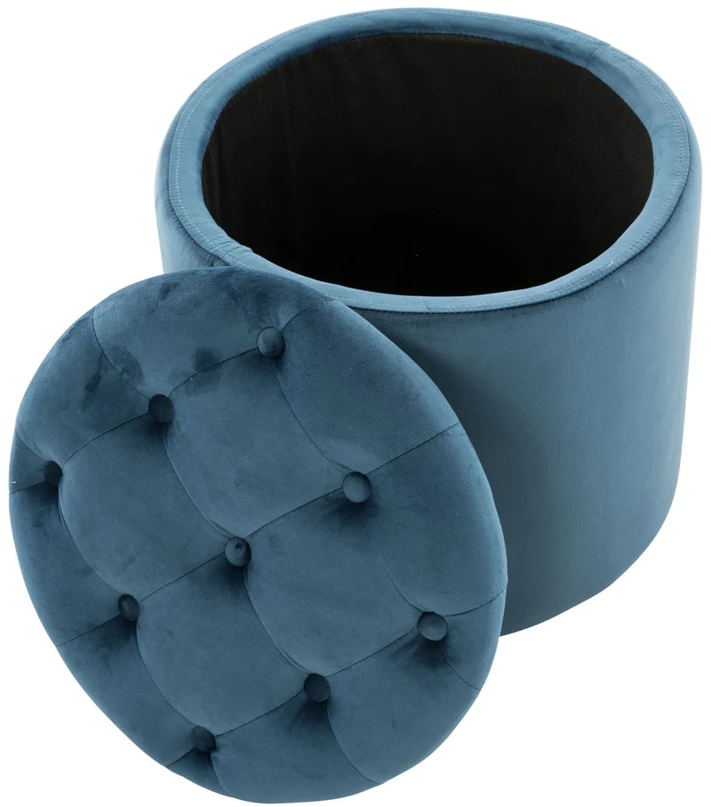 Pouf tabouret coffre avec espace de rangement en tissu velours bleu 42x44cm TABO10081