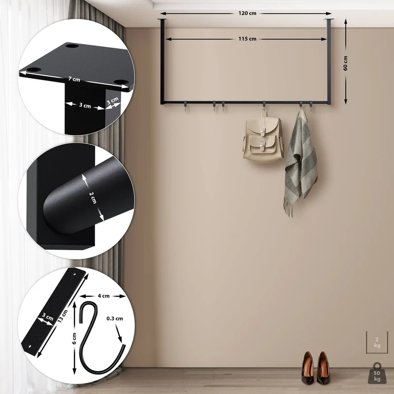 Tringle à vêtements suspendue porte-manteau avec 6 patères 120x60 cm acier thermolaqué noir 10_0009014