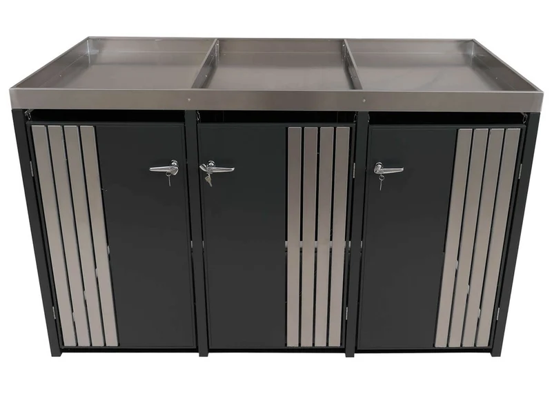 Cache poubelles triple avec jardinière intégrée 125x196x84 cm acier galvanisé inox anthracite 04_0009316