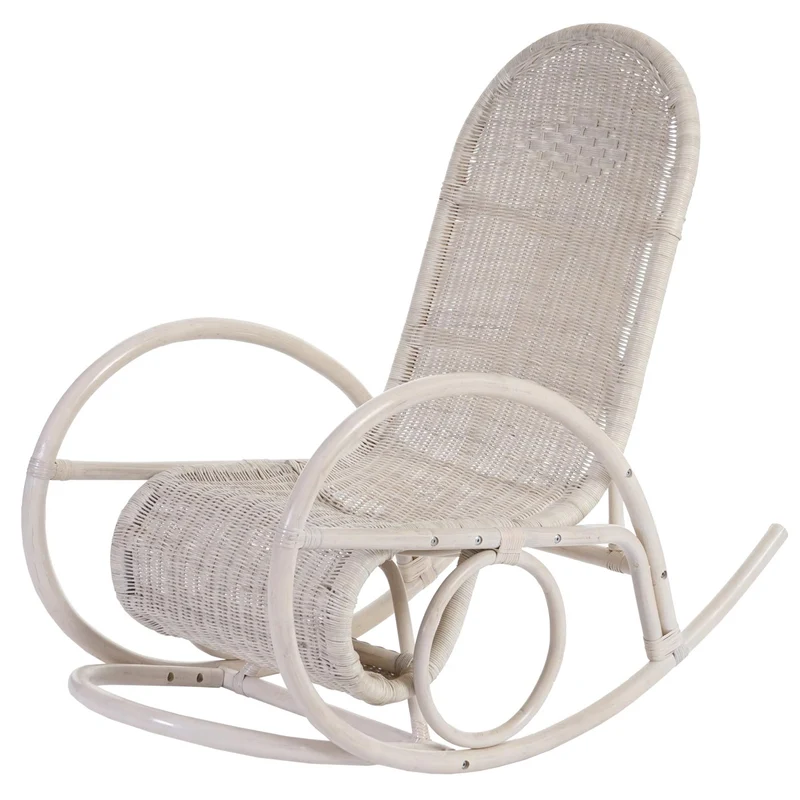 Fauteuil à bascule chaise Swing rocking chair en rotin blanc coussin crème 04_0003176