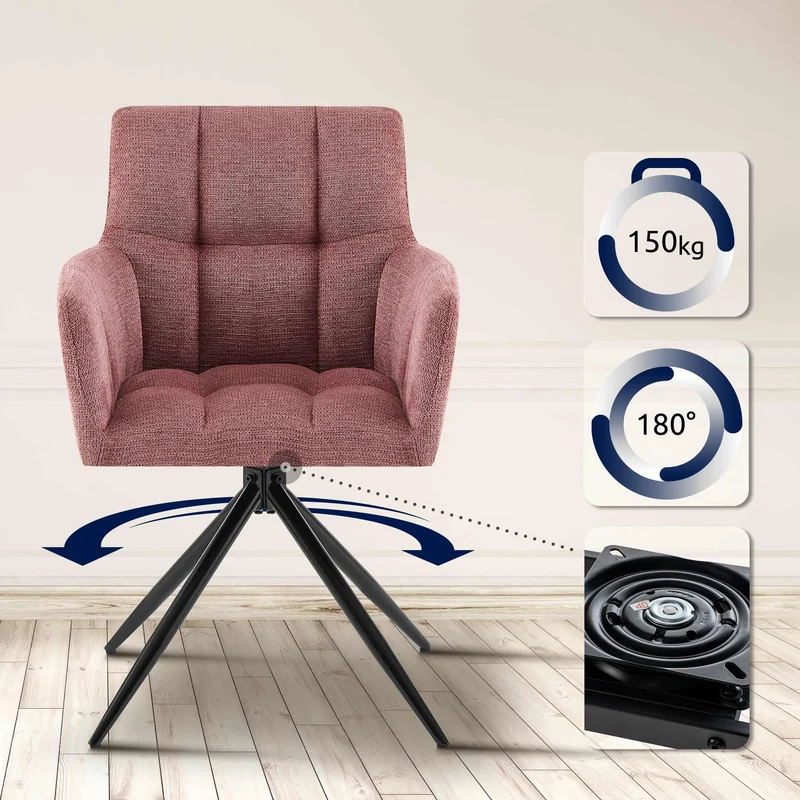 Chaise de salle à manger x1 moderne et confort mécanisme de rotation à 180° en tissu rose et métal 10_0007486