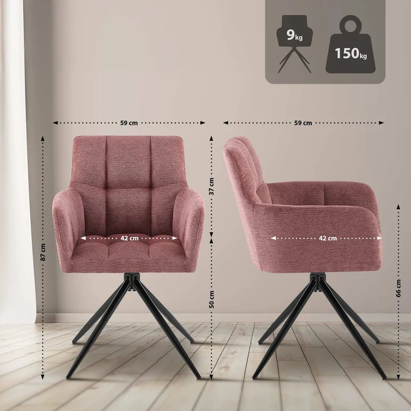 Chaise de salle à manger x1 moderne et confort mécanisme de rotation à 180° en tissu rose et métal 10_0007486