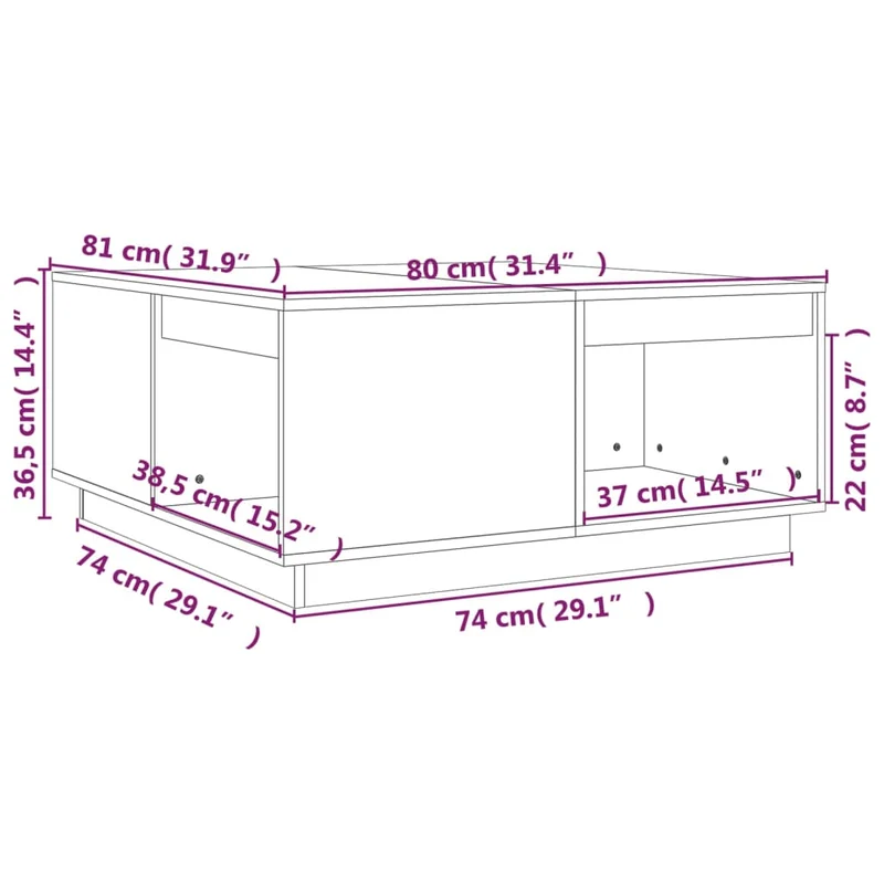 Table basse de salon design rustique 80 x 81 x 36,5 cm bois massif de pin non traité DEC037202