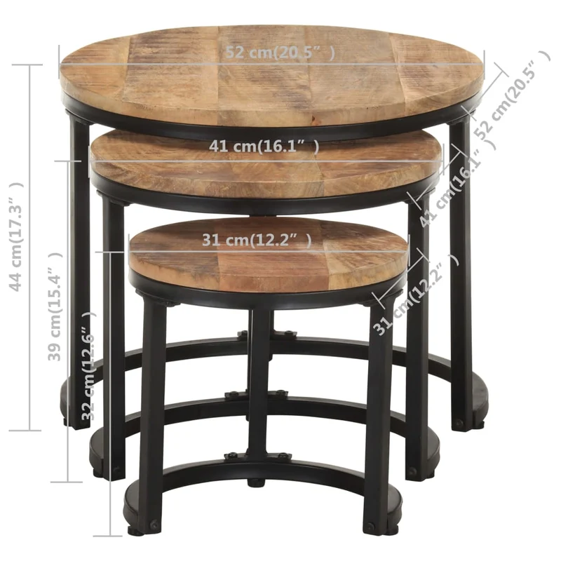 Set de 3 tables d'appoint en bois de manguier et fer DEC032660