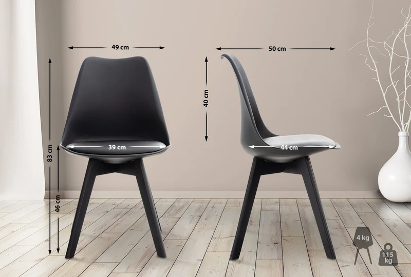 Chaise de salle à manger x1 design scandinave en plastique et PVC noir et pieds en bois noir 10_0002276