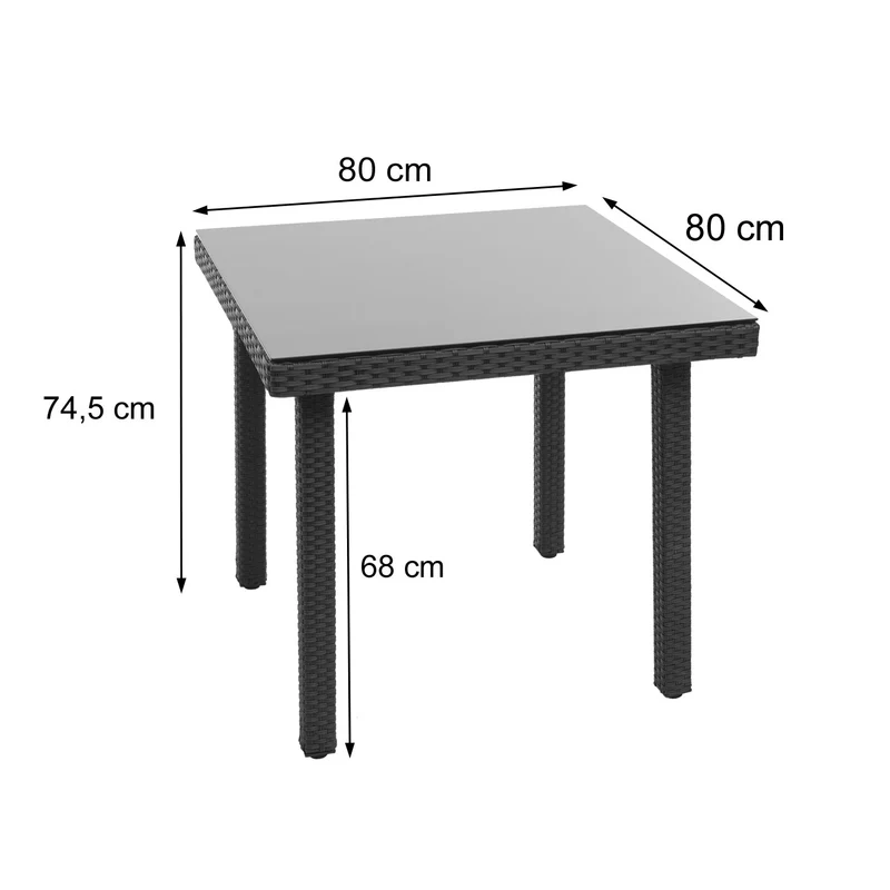 Table de jardin 80 x 80 cm avec plateau en verre poly rotin noir structure acier 04_0010927