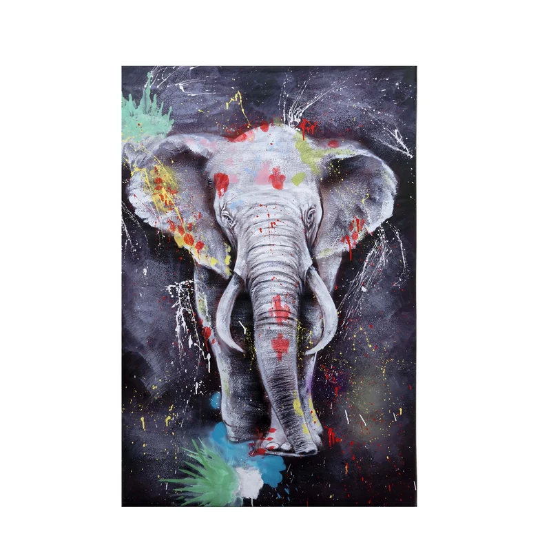 Tableau éléphant 180 x 120 cm peinture à l’huile sur toile œuvre murale XL faite main cadre bois naturel 04_0010882