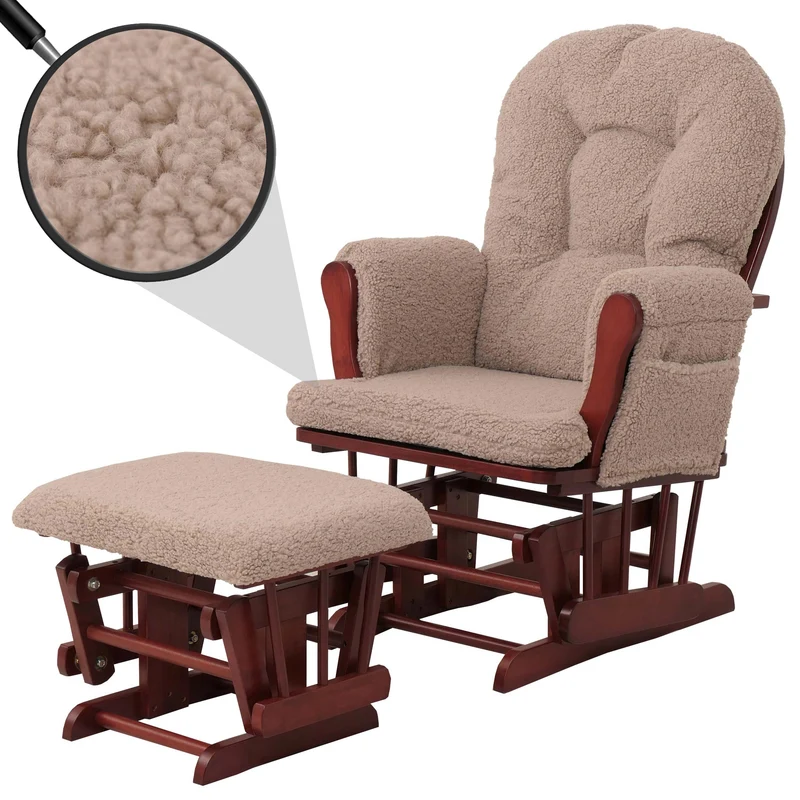 Fauteuil relax à bascule avec repose pieds design moderne bouclé marron bois massif marron 04_0009682