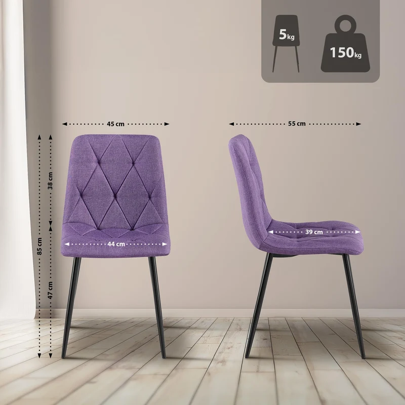 Lot de 2 chaises de salle à manger design moderne surpiqûres en losange tissu violet et cadre métal noir 10_0007601