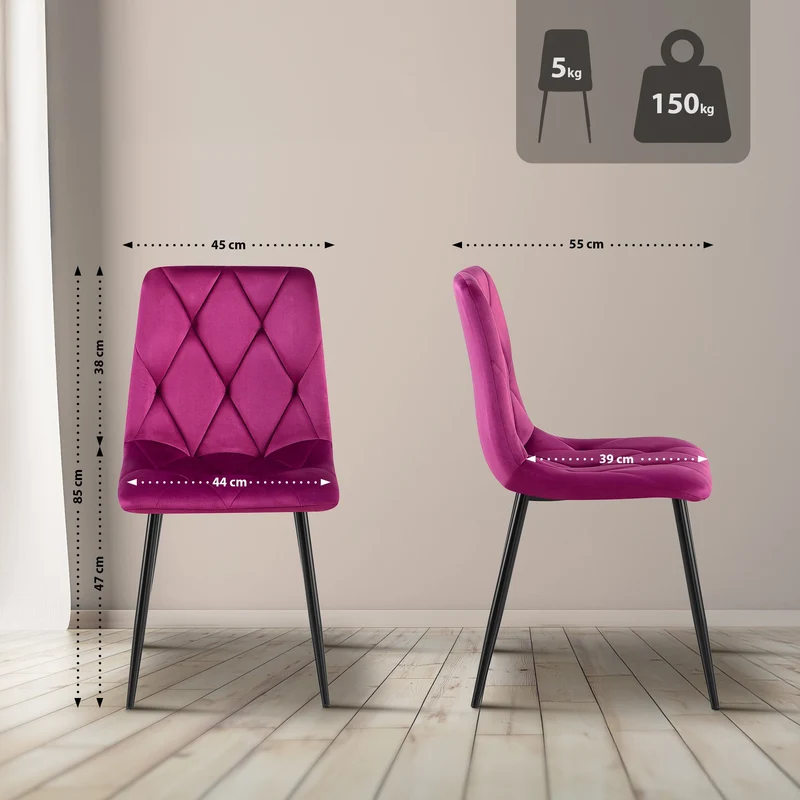 Chaise de salle à manger x1 design moderne surpiqûres en losange velours violet et cadre métal noir 10_0007371