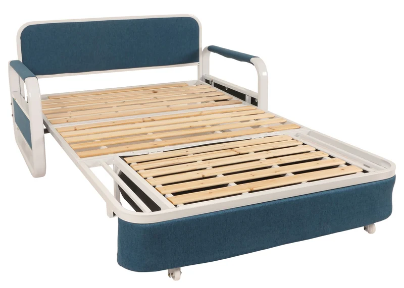 Canapé convertible avec coffre de rangement fonction lit surface 114x182 assise confortable avec accoudoirs et coussins tissu bleu foncé 04_0010097