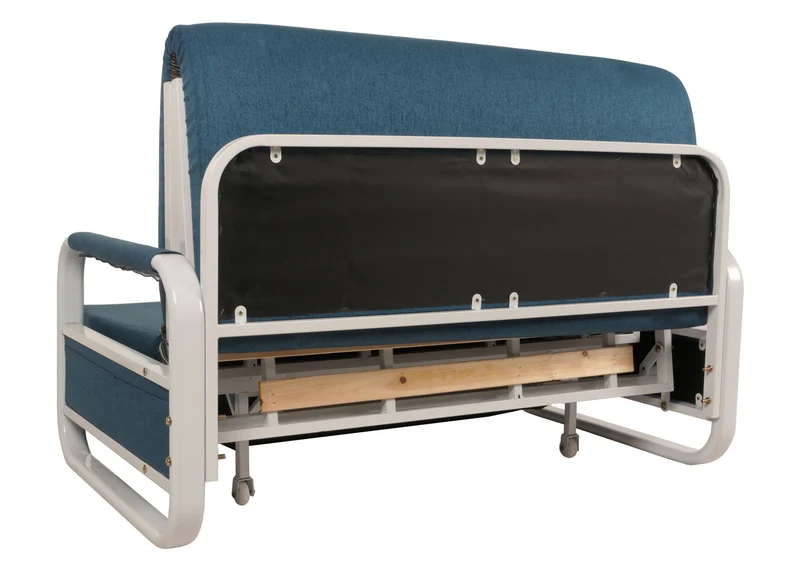 Canapé convertible avec coffre de rangement fonction lit surface 114x182 assise confortable avec accoudoirs et coussins tissu bleu foncé 04_0010097