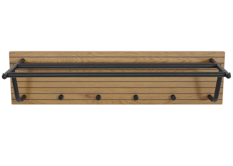 Porte-manteau mural style scandinave avec étagère 2 barres et 4 crochets bois métal 04_0009752