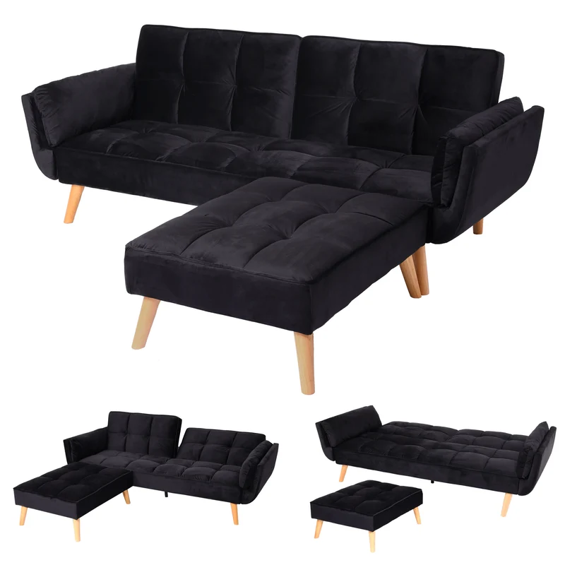 Canapé d’angle convertible velours noir avec méridienne modulable dossier réglable 3 positions 218x175 cm 04_0010442