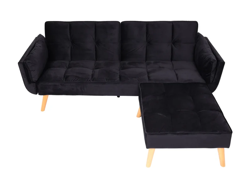 Canapé d’angle convertible velours noir avec méridienne modulable dossier réglable 3 positions 218x175 cm 04_0010442