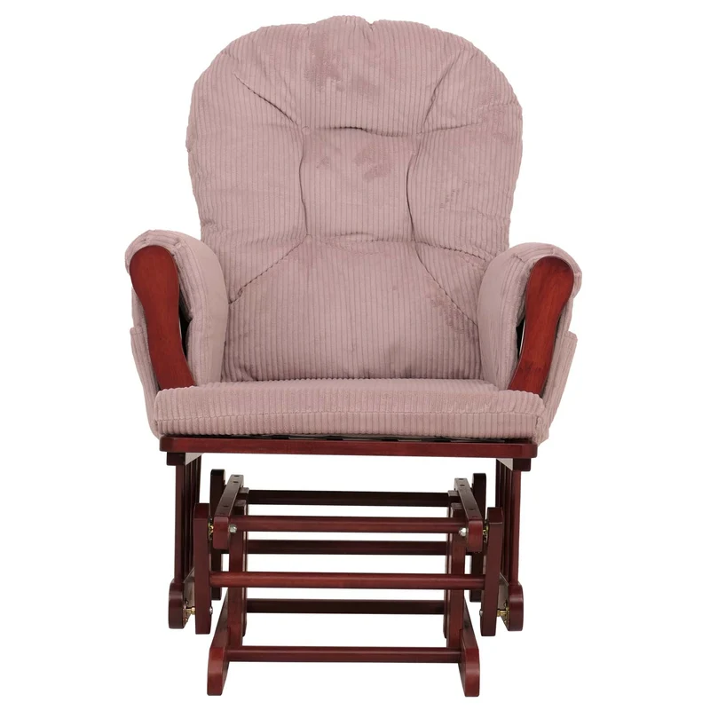 Fauteuil relax à bascule avec repose-pieds tissu velours côtelé rose structure bois d’hévéa 04_0009675