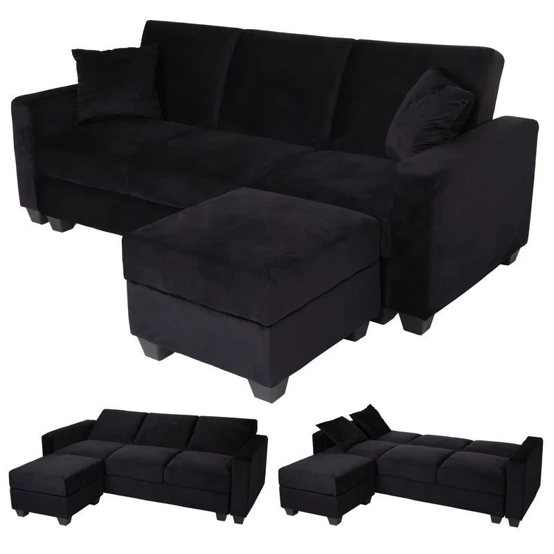 Canapé d’angle convertible velours noir avec méridienne modulable et coffre de rangement 04_0010440