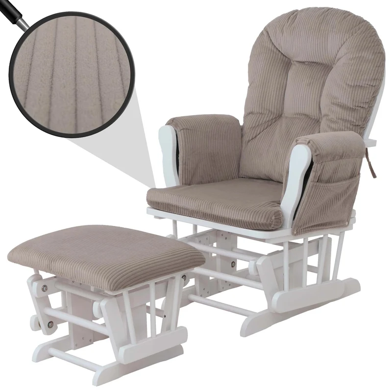 Fauteuil relax à bascule avec repose-pieds tissu velours côtelé gris clair structure blanche 04_0009666