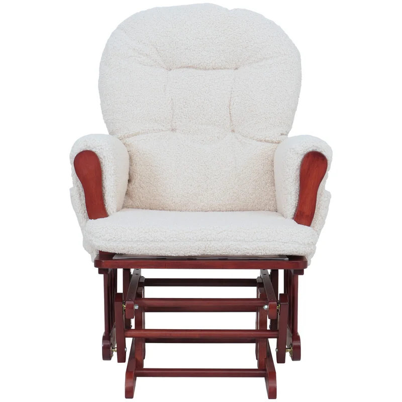 Fauteuil relax à bascule avec repose-pieds tissu bouclé crème structure bois d’hévéa 04_0009685