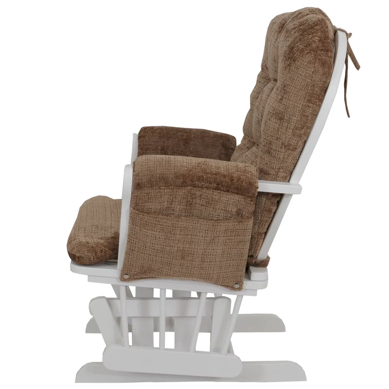 Fauteuil relax à bascule rembourrage épais avec repose-pieds en tissu chenille marron clair structure bois massif blanche 04_0009697