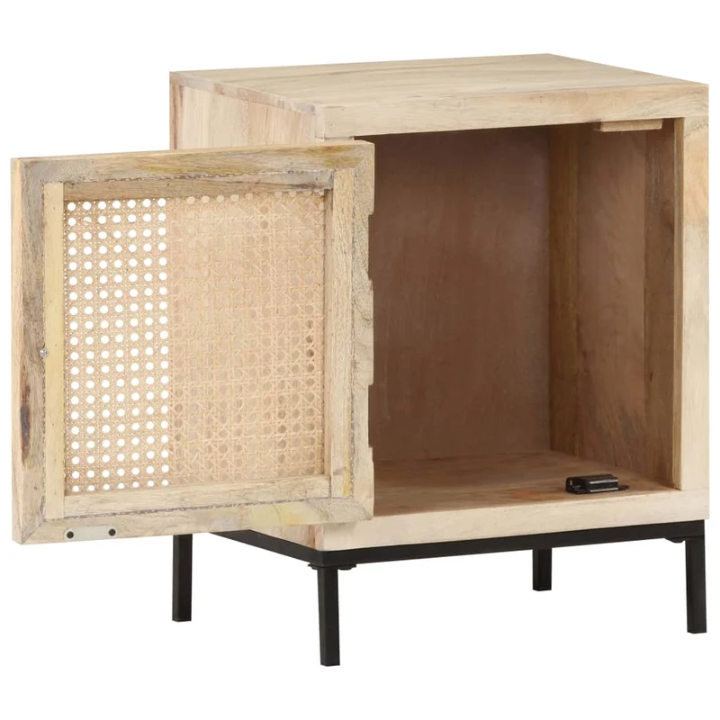 Table de chevet avec compartiment avec porte 40 x 30 x 50 cm bois de manguier et canne DEC032930