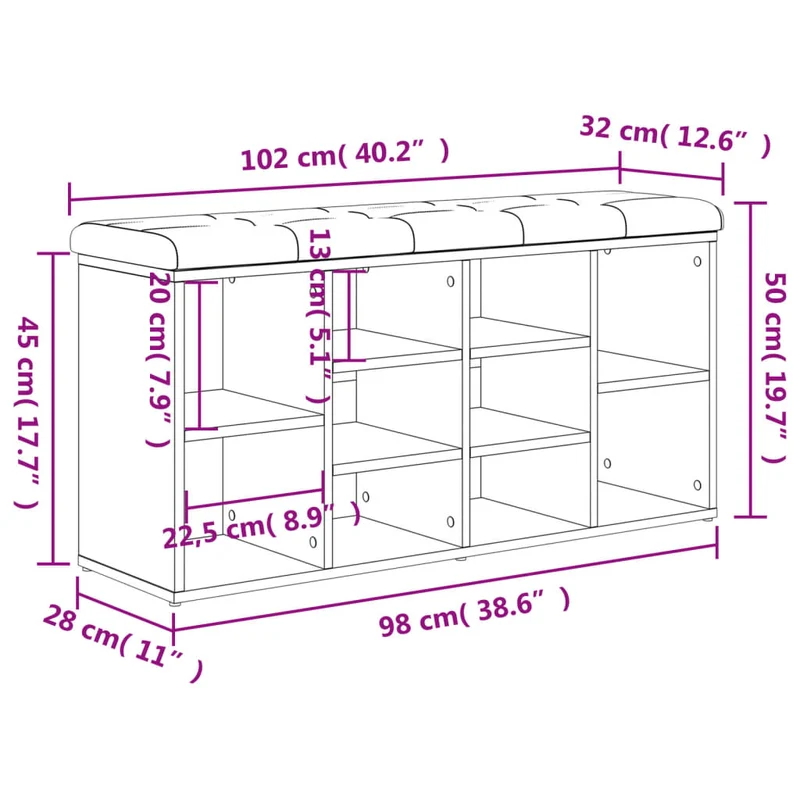 Banc de rangement à chaussures couleur chêne 102 x 32 x 50 cm bois d'ingénierie brun DEC024885