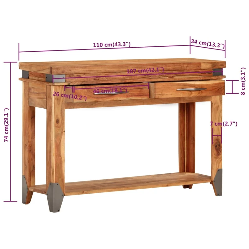 Table console avec tiroirs 110 x 34 x 74 cm bois d'acacia massif et MDF DEC032893
