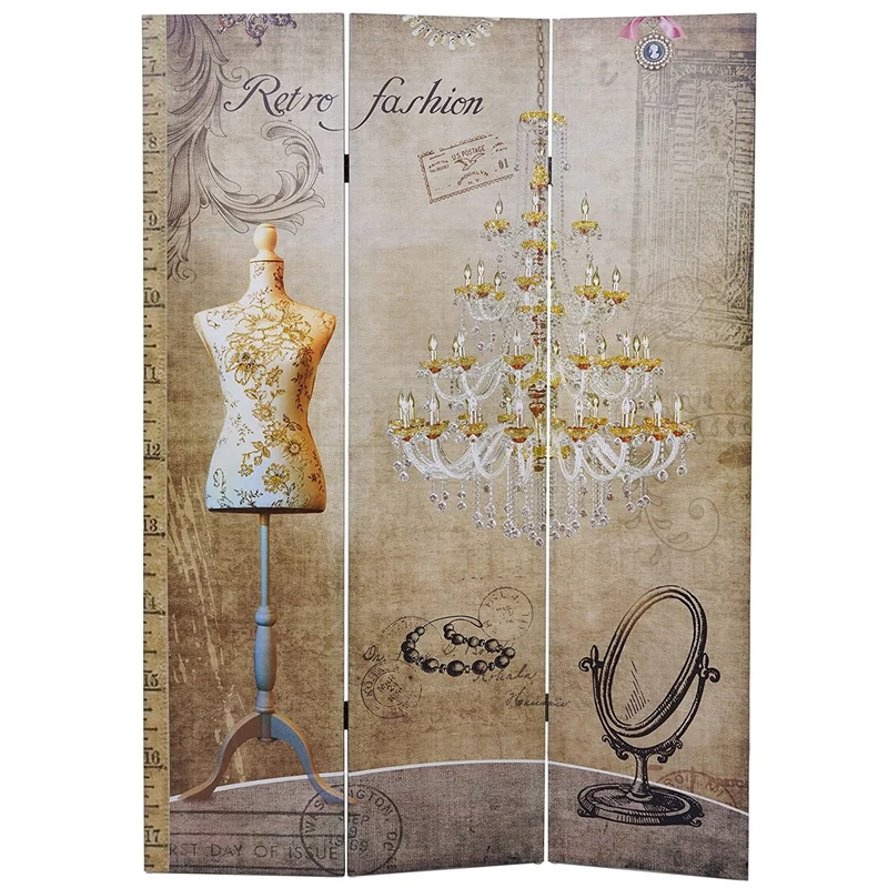 Paravent 3 panneaux vintage style retro 180x120cm PAR04043