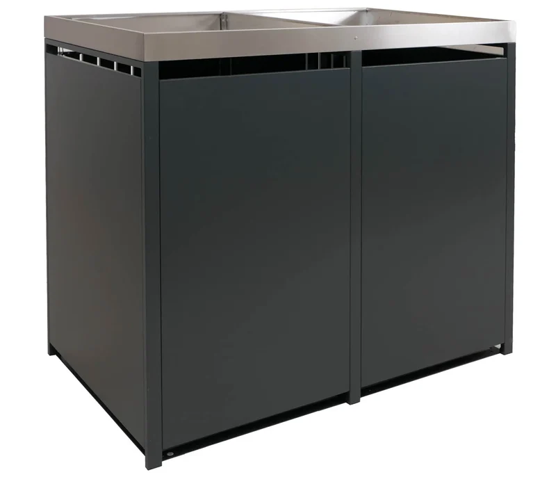 Cache-poubelles extérieur double avec bac à plantes abri pour 2 poubelles 80 à 240 L métal anthracite effet bois clair 04_0009323