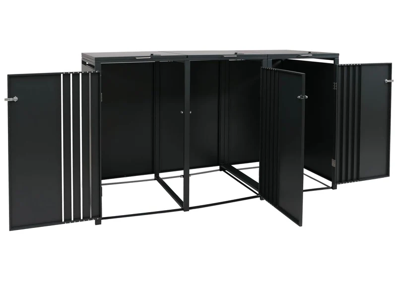 Cache-poubelles triple avec couvercle abri pour 3 poubelles 80 à 240 L métal anthracite effet bois clair 04_0009347