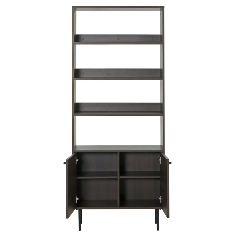 Bibliothèque design scandinave 200 cm étagère haute avec rangements et portes en bois foncé et métal 04_0009761