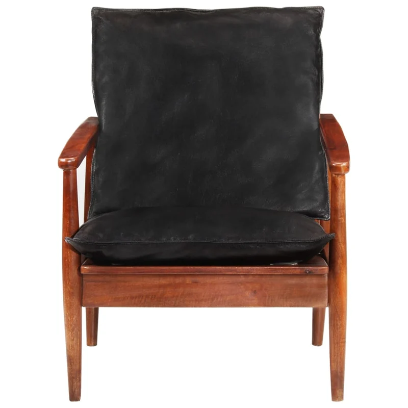 Fauteuil lounge design et moderne noir cuir véritable et bois d'acacia solide noir DEC028654